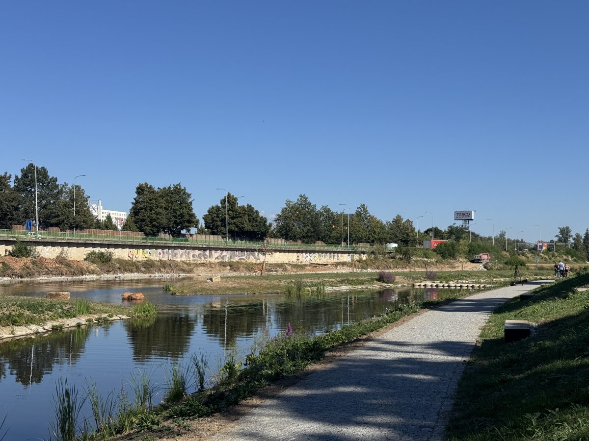 Pohled na nově upravený úsek u řeky Vltavy přes vodu, květinovou výsadbou, chodníkem a grafity podél silničního náspu.