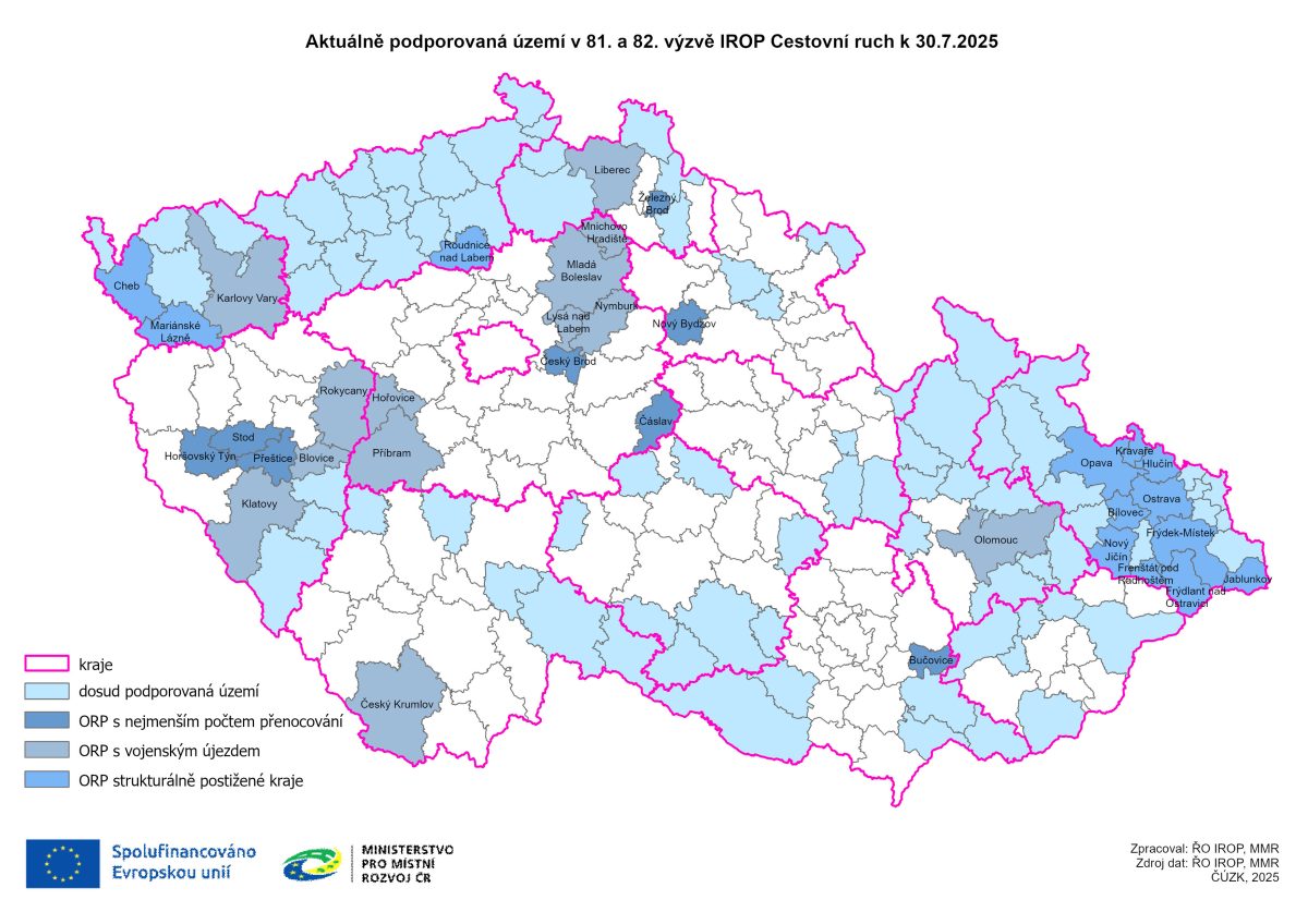Mapa České republiky zobrazující aktuálně podporovaná území ve výzvách IROP 81 a 82 k 30. 7. 2025.
